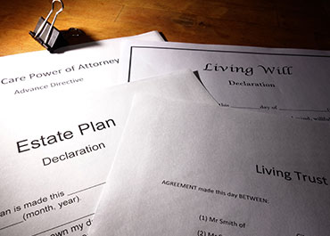 Estate plan documents, including wills, trusts, and healthcare directives